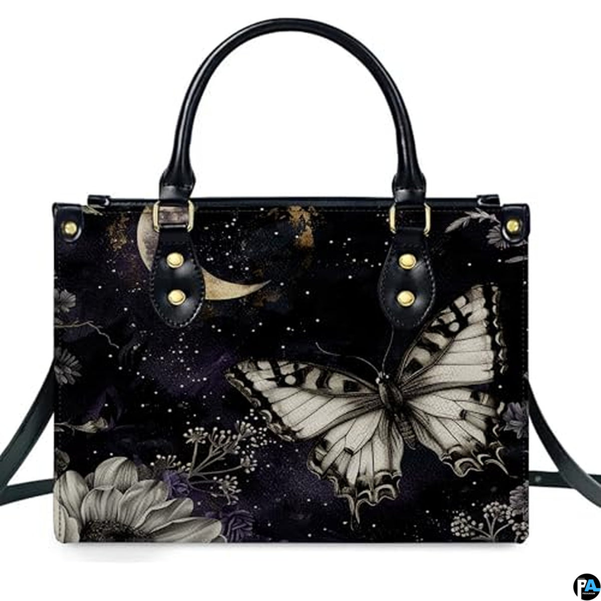 Personalized Butterfly Leather Handbag – Gothic Moon Bag with Adjustable Strap and Matching Witchcore Purse for Women