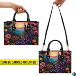 Peacock floral handbag shown in top-handle and shoulder carry styles