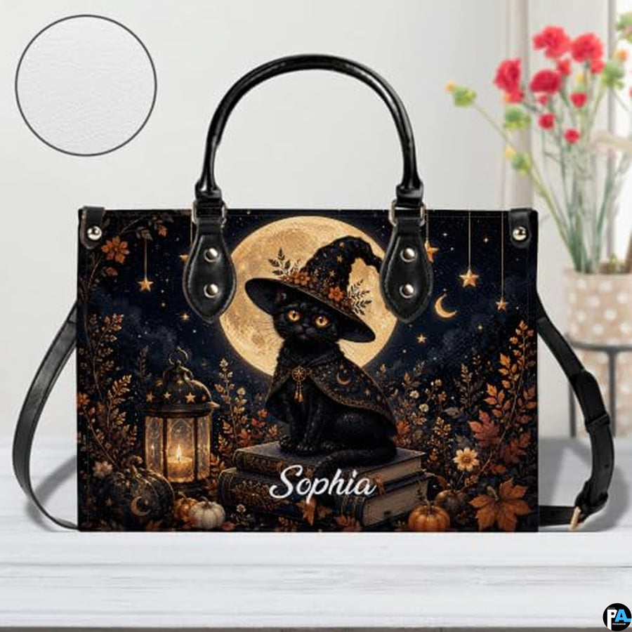Black Cat Leather Bag – Vintage Cat Art Handbag, Stylish Animal-Themed Purse, Unique Gift for Cat Lovers