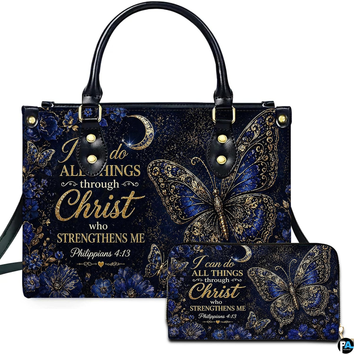 Front studio showcase highlighting royal blue butterfly motif and companion accessory on white surface.