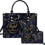 Front studio showcase highlighting royal blue butterfly motif and companion accessory on white surface.