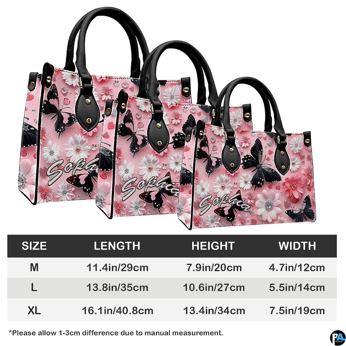 Side angle view of black butterfly pink daisy handbag and wallet