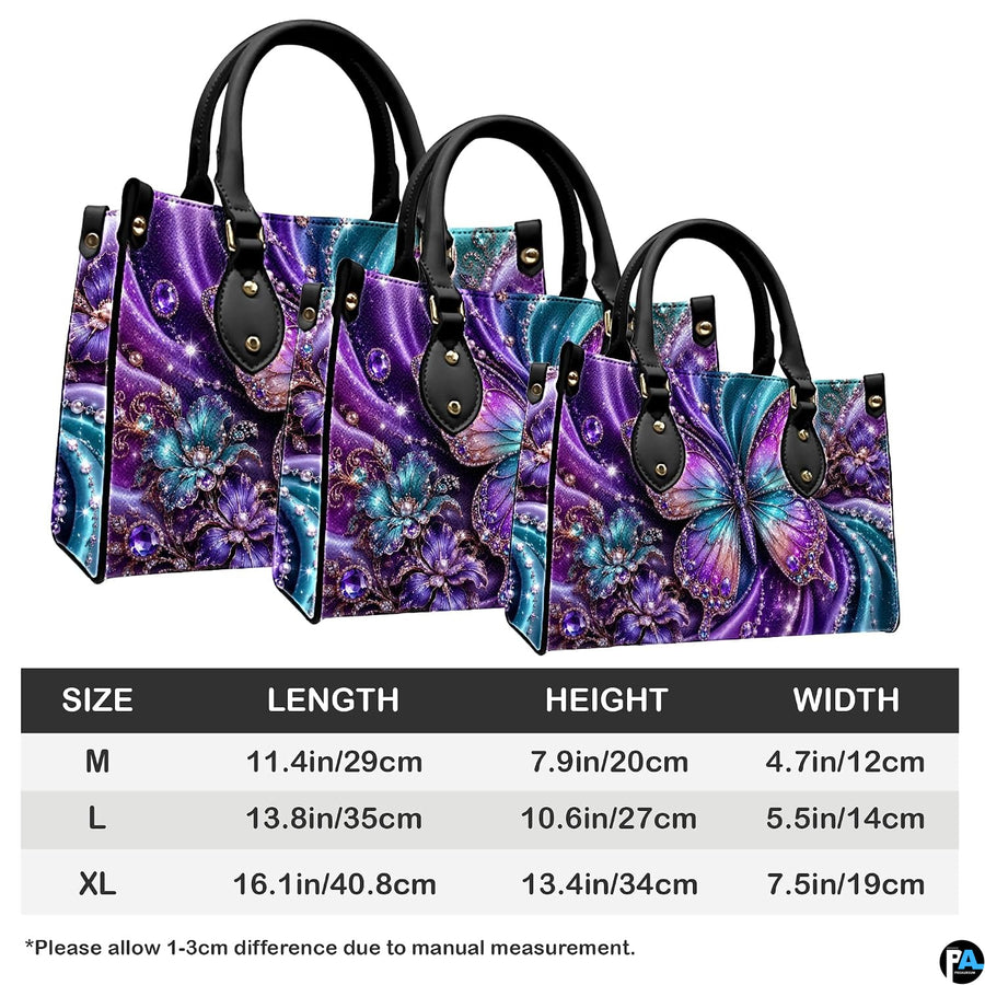 Side perspective view of purple crystal butterfly handbag and wallet pair