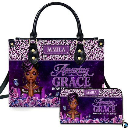 Purple praying woman hymn handbag and matching wallet set with blooming roses on white.
