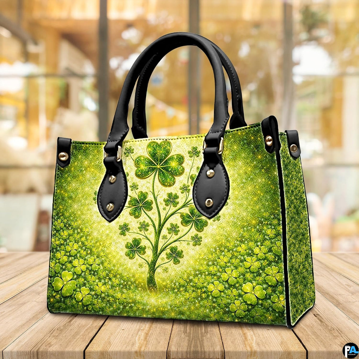 Angled clover tree handbag with dense green ground cover and gold sparkles