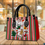 Three-quarter perspective view of striped holiday Santa handbag resting on a rustic wooden table.