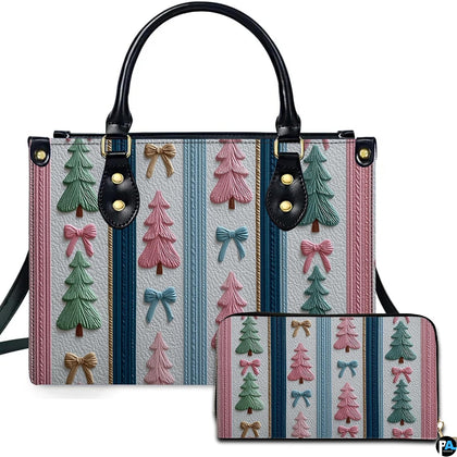 Studio view of pastel holiday tree and ribbon striped artwork presented against an isolated background
