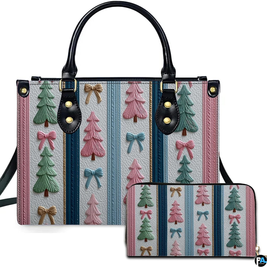 Studio view of pastel holiday tree and ribbon striped artwork presented against an isolated background