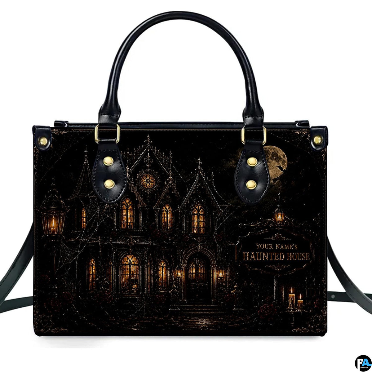 Graphic outline depicting spatial layout and visual proportions of gothic mansion art item.