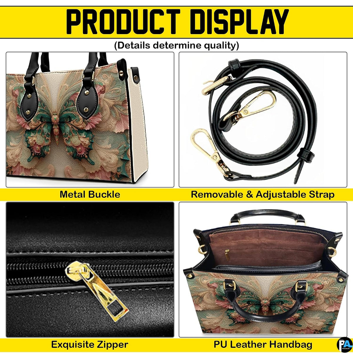 Detailed four-panel overview showing close-up aesthetic accents of Rococo butterfly handbag