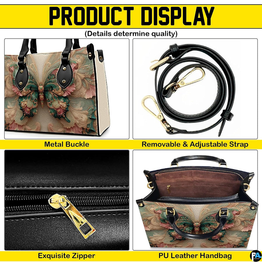 Detailed four-panel overview showing close-up aesthetic accents of Rococo butterfly handbag