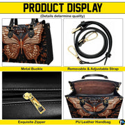 Detailed views of the bronze butterfly handbag construction, gold accents, and interior.