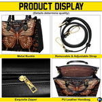 Detailed views of the bronze butterfly handbag construction, gold accents, and interior.