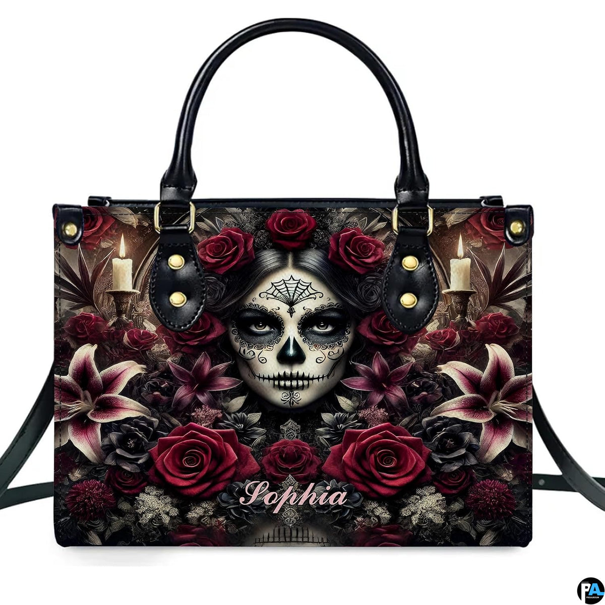 Dia de los Muertos sugar skull gothic rose handbag shown alone on white background.