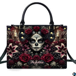 Dia de los Muertos sugar skull gothic rose handbag shown alone on white background.