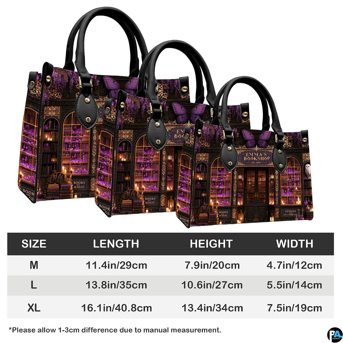 Dimension overview graphic presenting medium, large, and extra-large options with purple bookstore art.