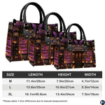 Dimension overview graphic presenting medium, large, and extra-large options with purple bookstore art.