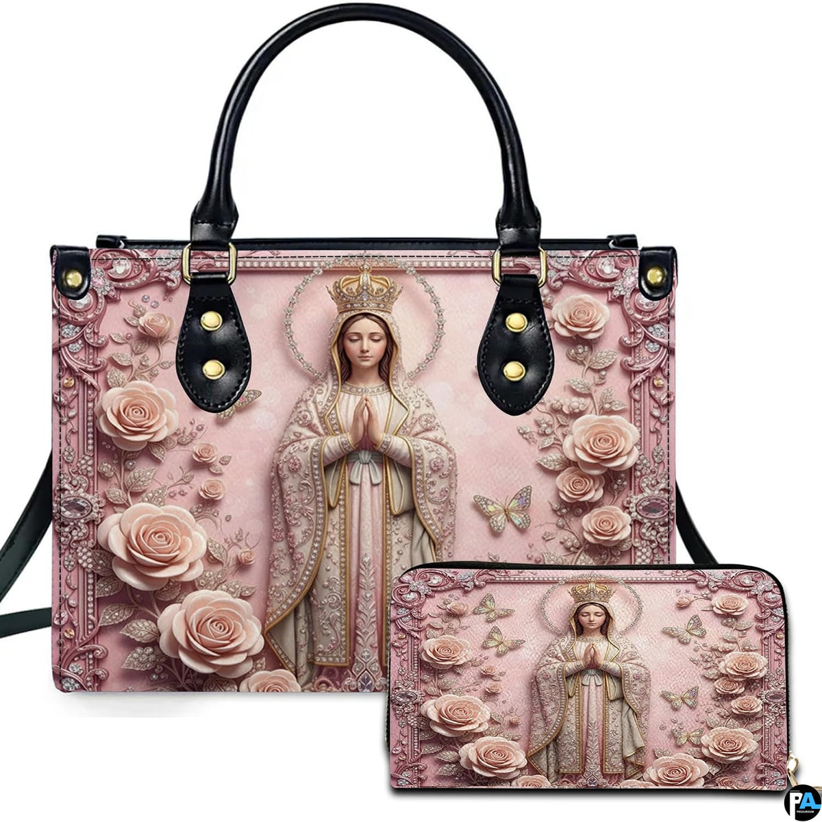Front view of Virgin Mary handbag and matching wallet set with blush roses and baroque border