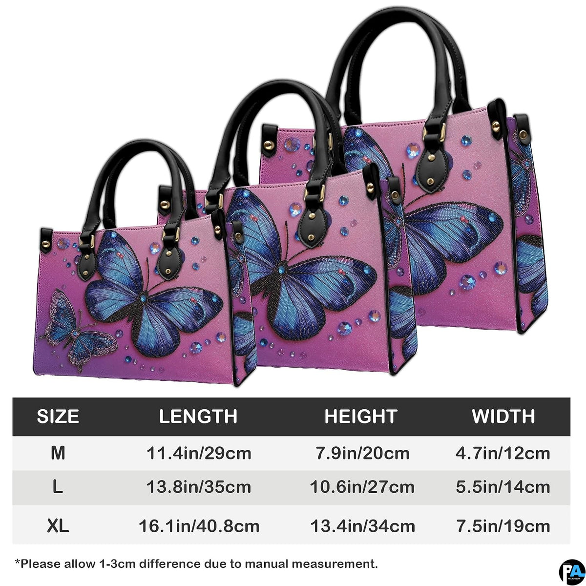 Back view of butterfly handbag showing continuous magenta-to-purple ombre background.