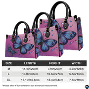 Back view of butterfly handbag showing continuous magenta-to-purple ombre background.