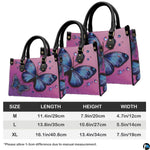 Back view of butterfly handbag showing continuous magenta-to-purple ombre background.