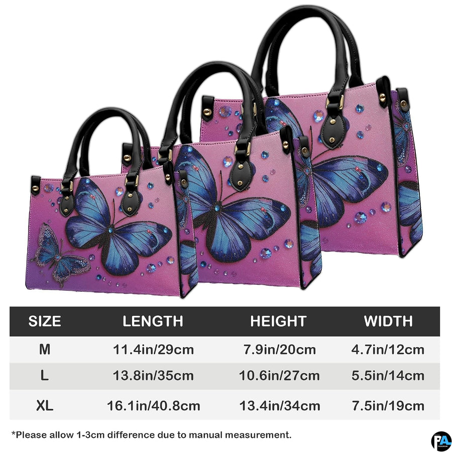 Back view of butterfly handbag showing continuous magenta-to-purple ombre background.