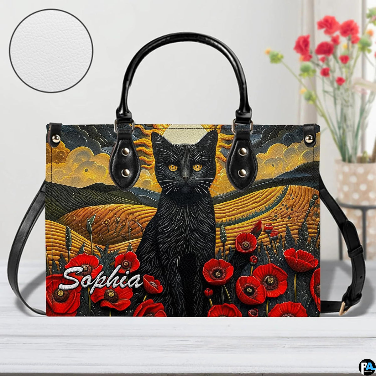 Companion accessory displaying cat landscape art placed on a white surface in a studio.