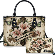 Easter lily wooden cross handbag and matching wallet set featuring blooming pink lilies.
