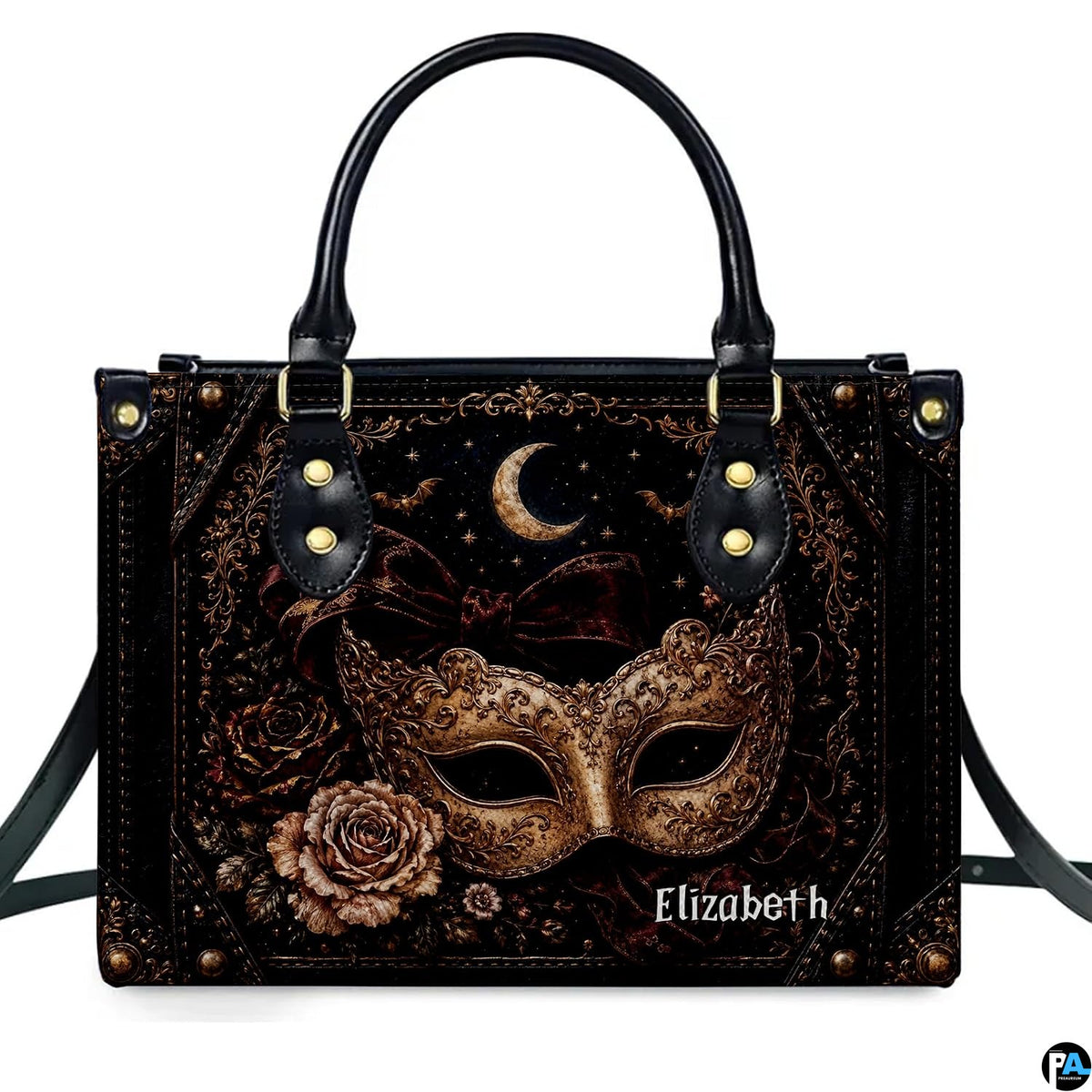 Alternate angle presentation presenting the complete masquerade mask art accessory pairing.