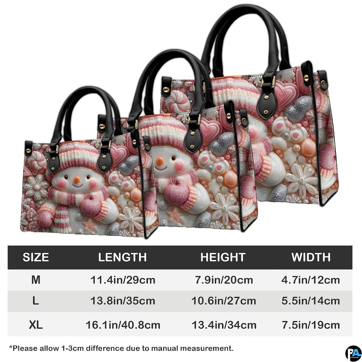 Dimensional visual chart diagram presenting proportional sizing options for the printed holiday accessory