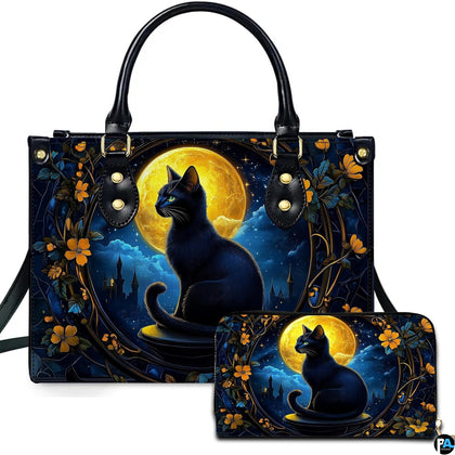 Studio presentation showing gothic black cat artwork alongside matching companion accessory on white surface.