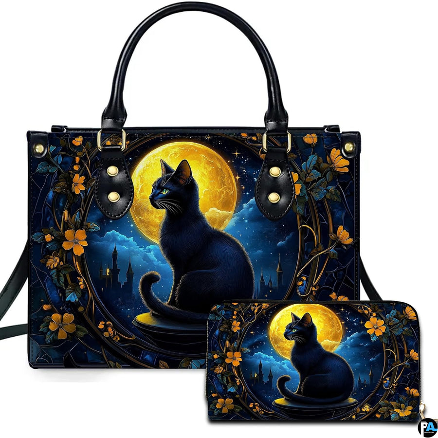 Studio presentation showing gothic black cat artwork alongside matching companion accessory on white surface.