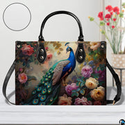 Peacock rose handbag shown with long carrying strap and detail inset