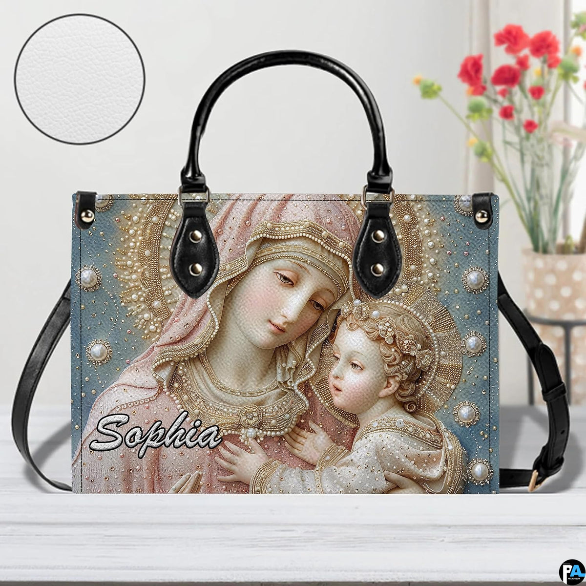 Pearl beaded Virgin Mary handbag displayed with texture zoom detail inset