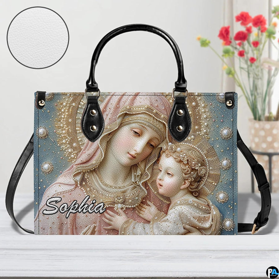Pearl beaded Virgin Mary handbag displayed with texture zoom detail inset