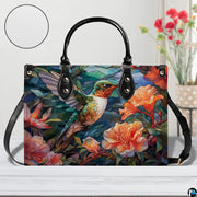 Handbag standing upright on wooden tabletop in softly lit indoor room.