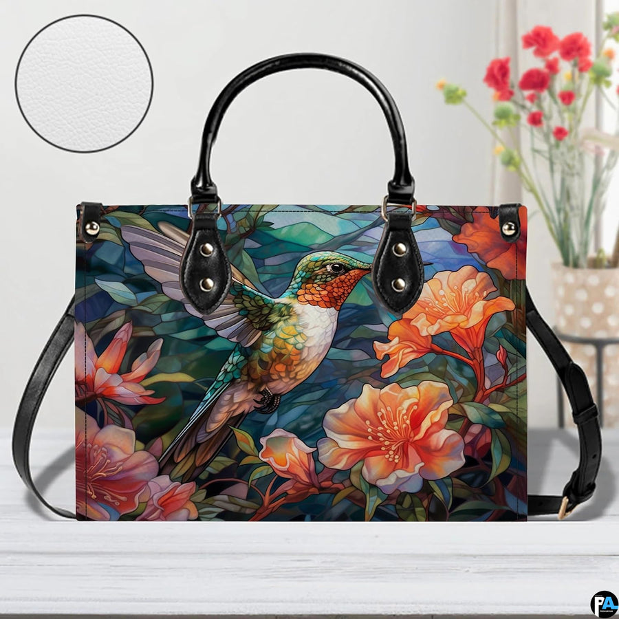 Handbag standing upright on wooden tabletop in softly lit indoor room.