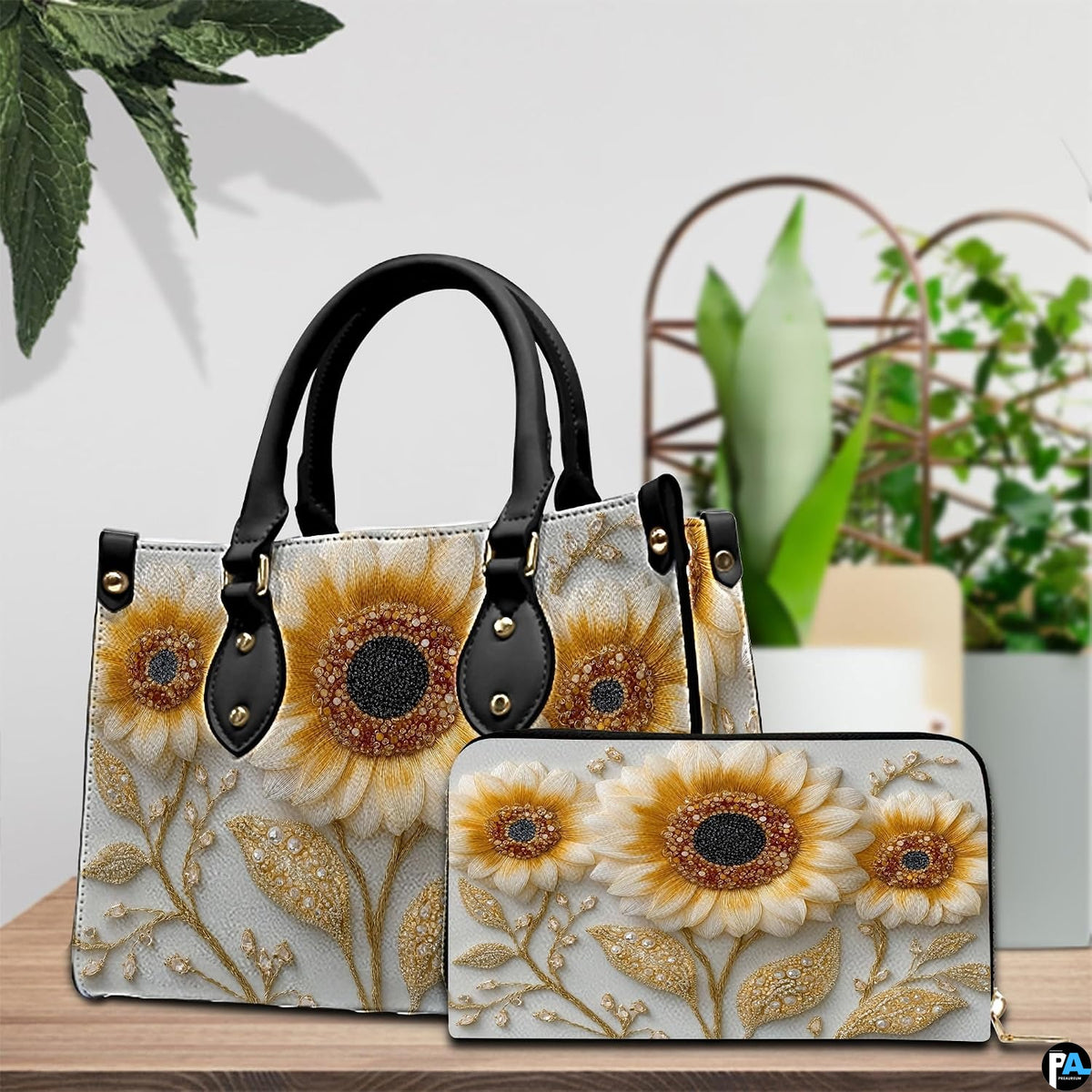 Open interior view of matching sunflower wallet displaying card slots and zipper pocket.