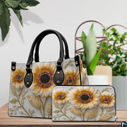 Open interior view of matching sunflower wallet displaying card slots and zipper pocket.