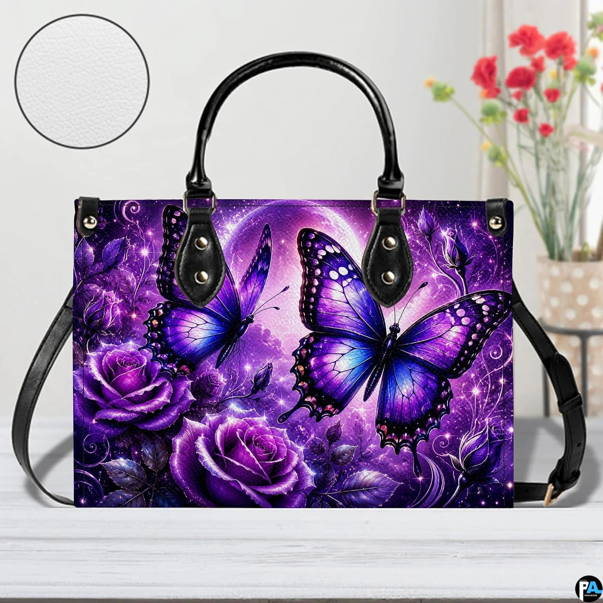 Close-up front view of matching purple butterfly zippered wallet