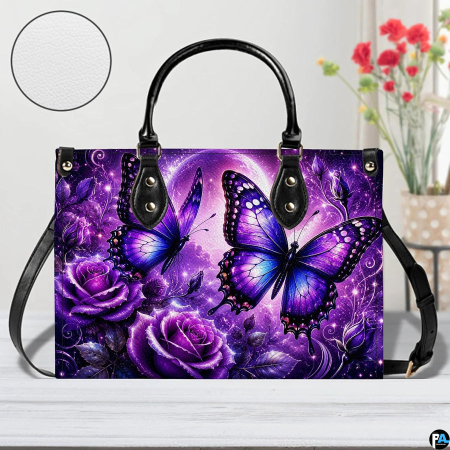 Close-up front view of matching purple butterfly zippered wallet