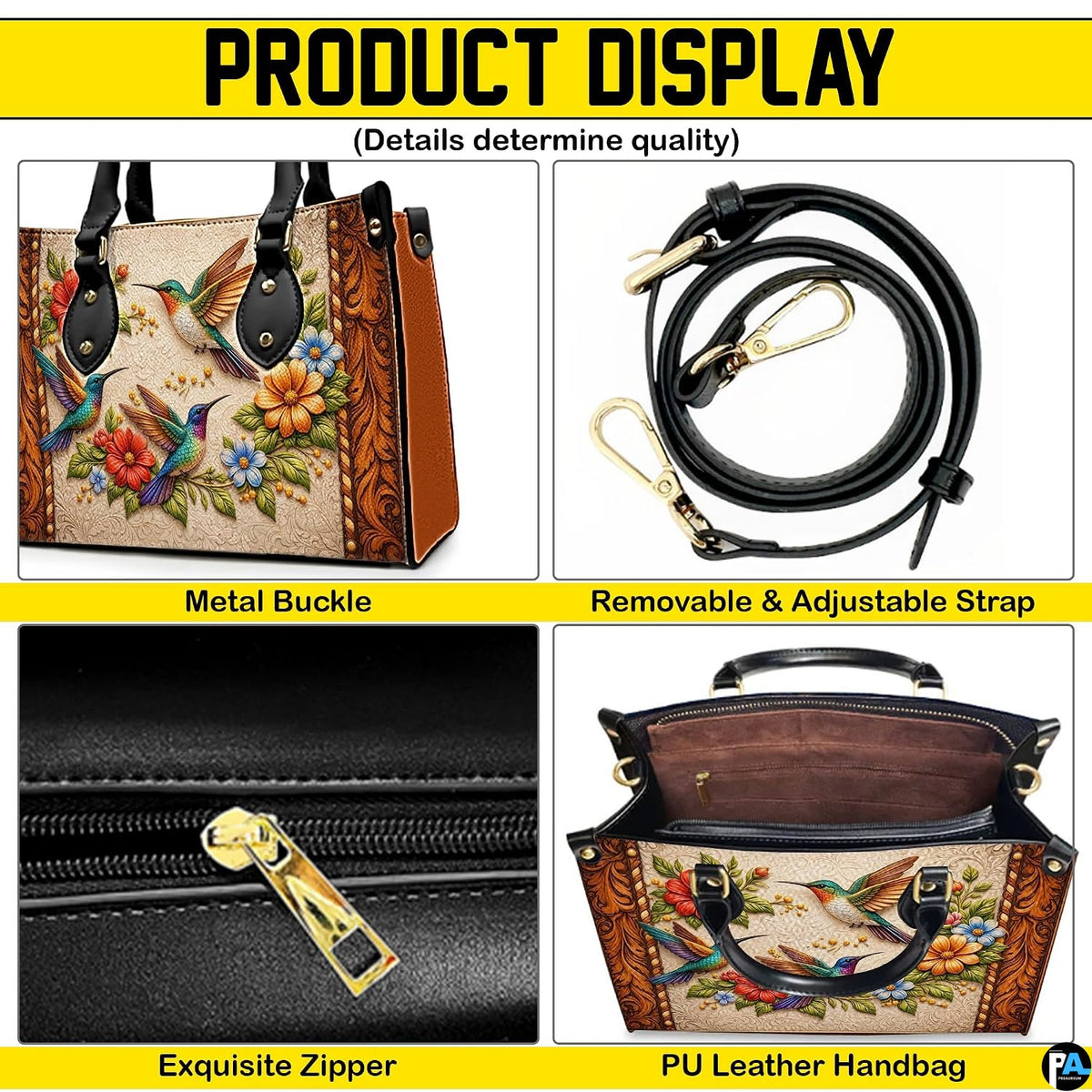 Product display presentation highlighting carrying strap, interior layout, and upper zipper closure.