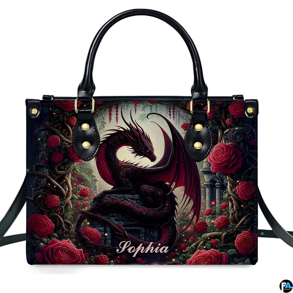 Studio front view of structured red rose dragon handbag with attached shoulder strap.
