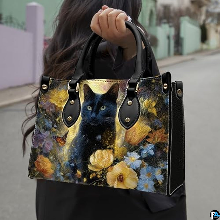 Black Cat Leather Bag – Vintage Cat Art Handbag, Stylish Animal-Themed Purse, Unique Gift for Cat Lovers