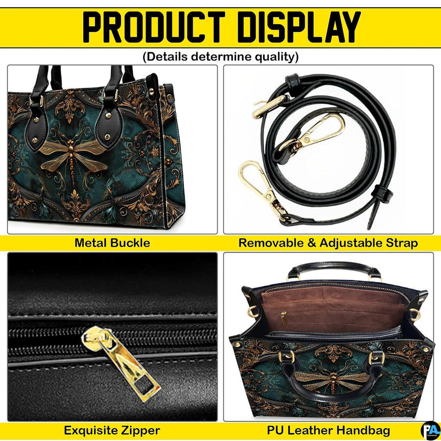 Interior view of gold dragonfly handbag showing open storage compartment with fabric lining