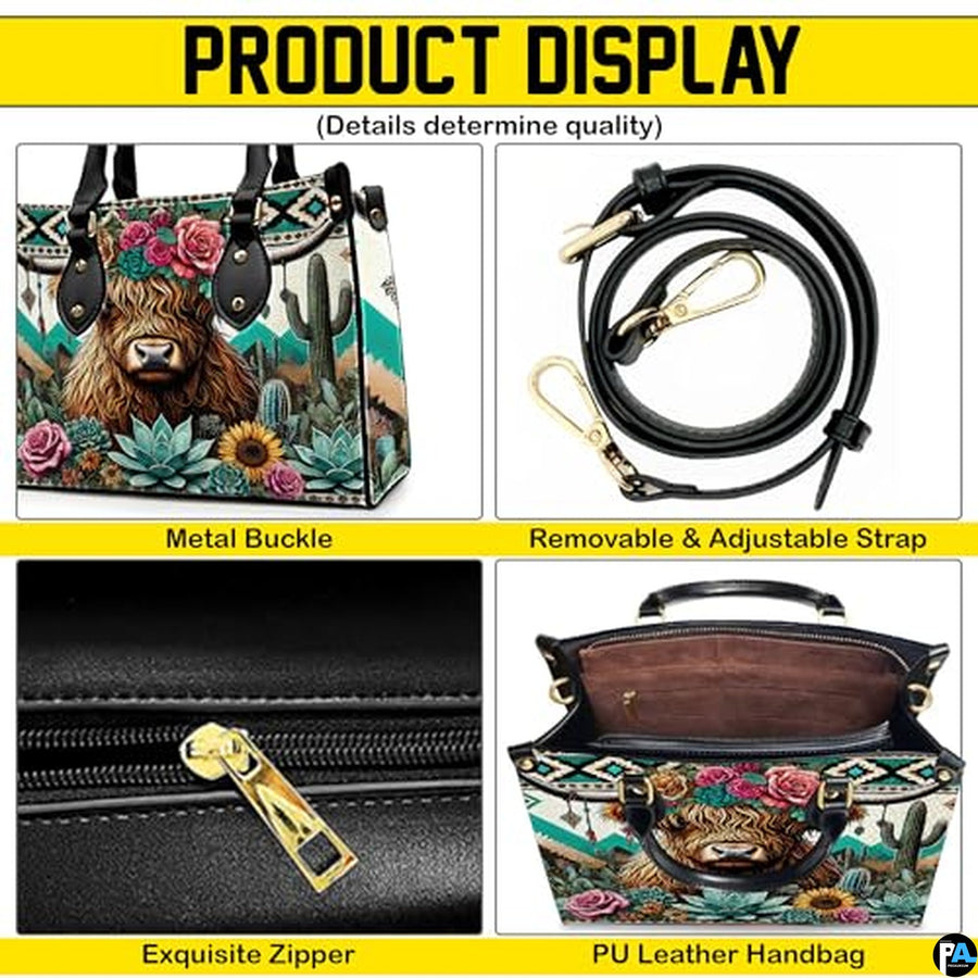Highland Cow Leather Handbag Custom Cow Purse for Women Country Farm PU Leather Tote Gifts for Farmers Girls Mom Gift