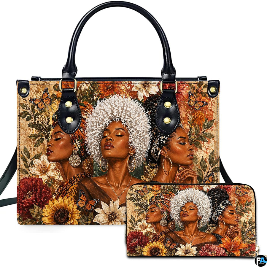 Front studio showcase presenting the three women botanical motif and coordinating accessory on white ground.