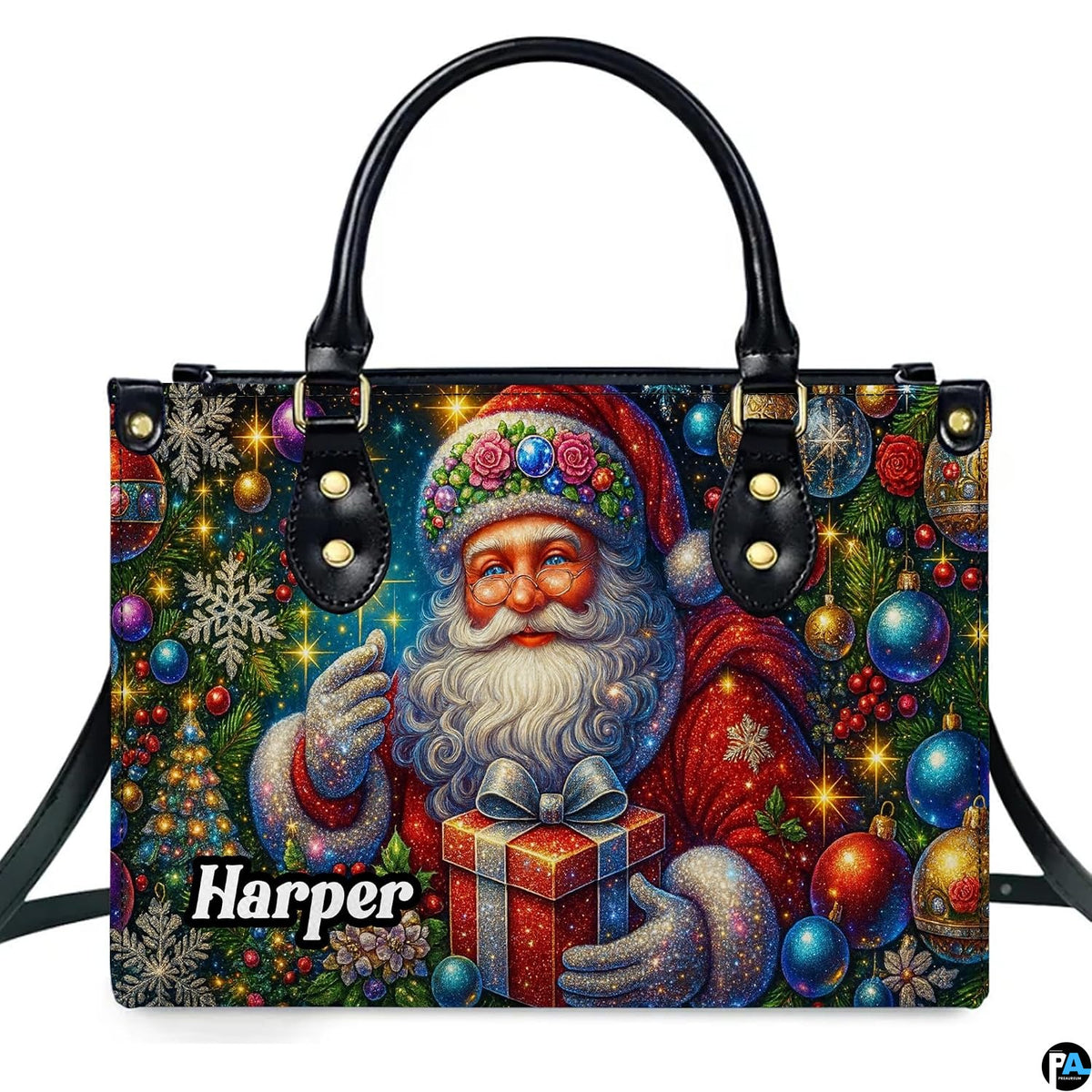 Front view of top-handle handbag featuring ornate vintage Santa holding a gift box among ornaments.