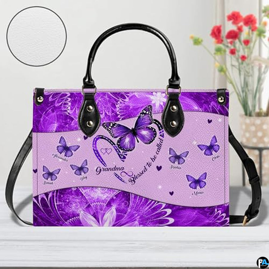 Mothers Day Gift Leather Bag- Personalized Grandmas Purse With Grandkids Names, Grandma Handbag Birthday Gifts For Mom Women