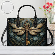 Lifestyle presentation of dragonfly key handbag and wallet set with styling accessories